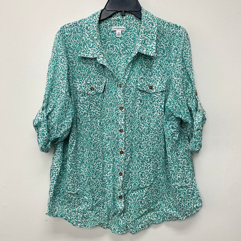 Croft & Barrow Floral Button Down Roll Tab Sleeve Shirt Top‎ 1X Lightweight